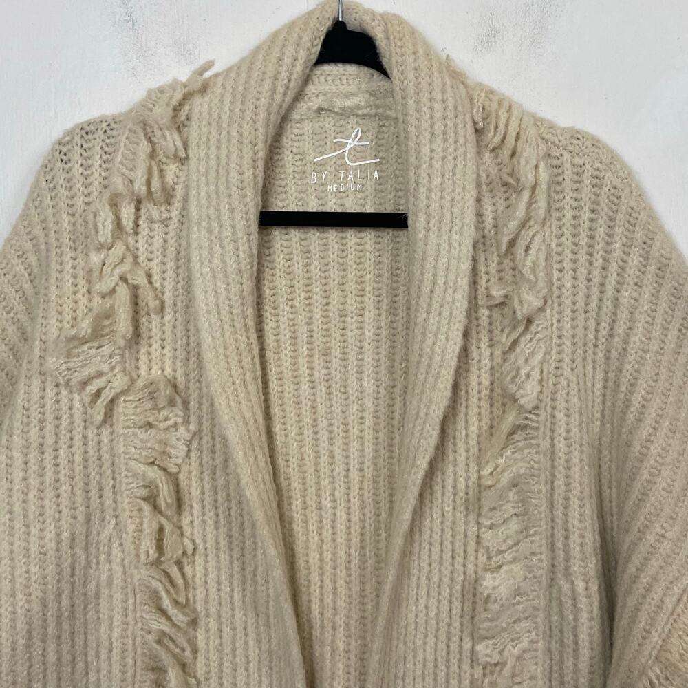 T by Talia Cream Fringe Trim Open Front Cardigan Sweater Size Medium NWT - Picture 3 of 8